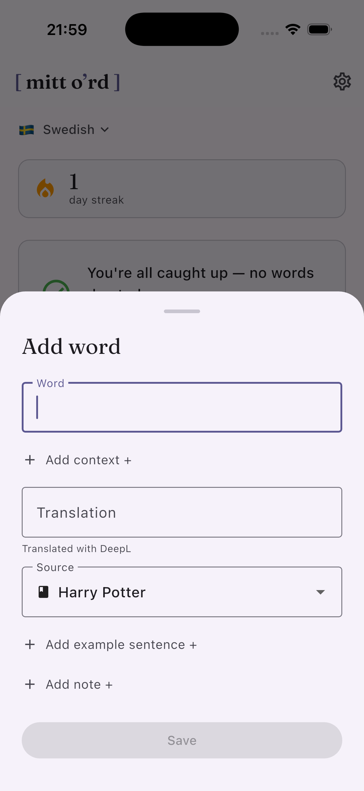 Add word screen: entering a word, translation, and source in Mittord