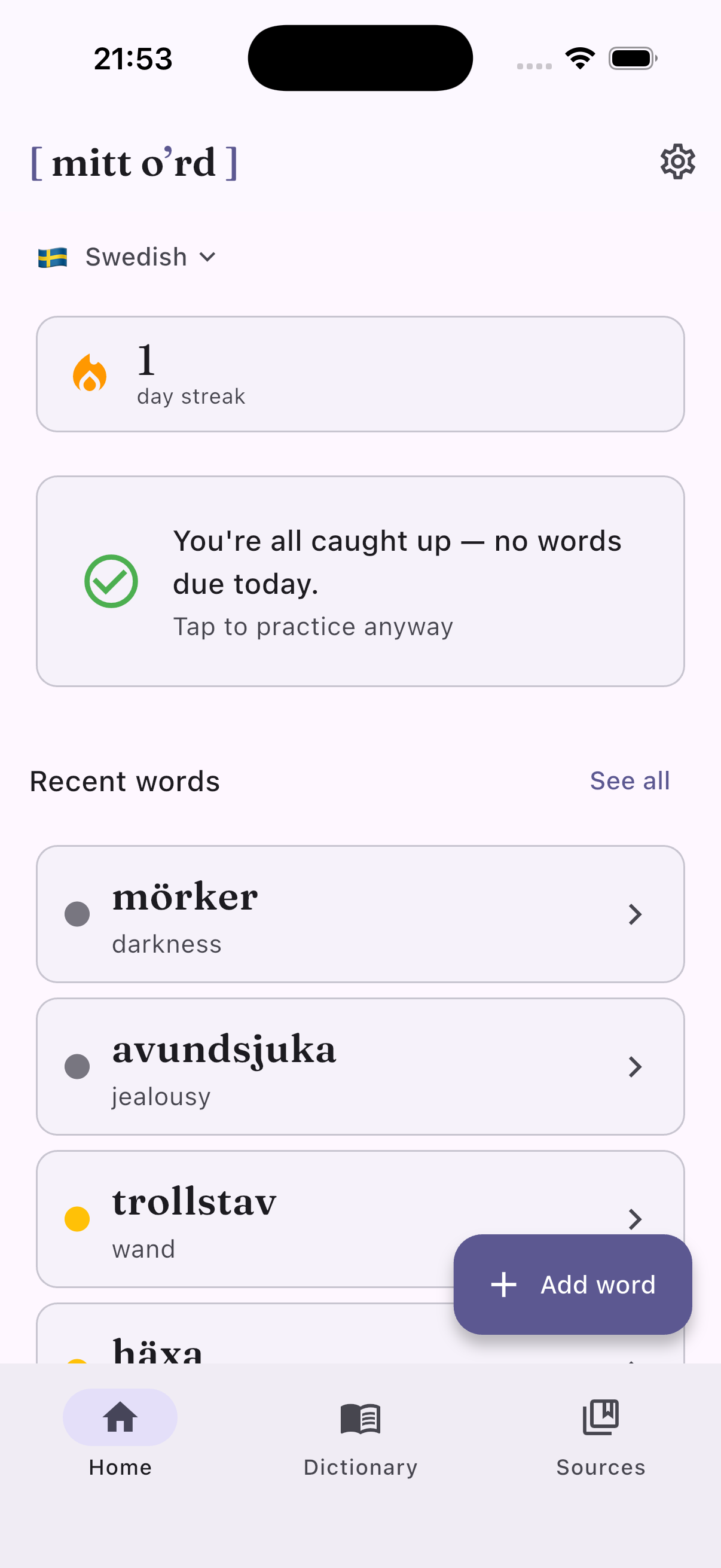 Mittord home screen showing streak, due words, and recent words added