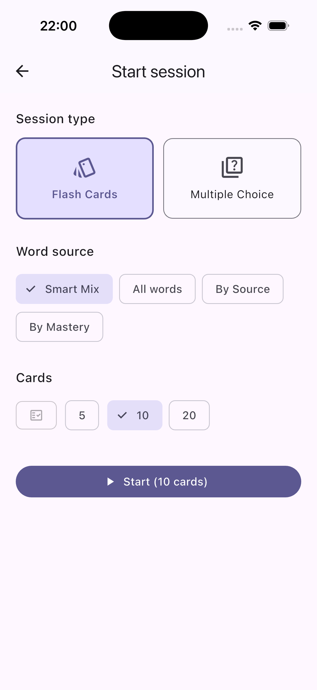 Multiple choice quiz screen showing a word and four translation options